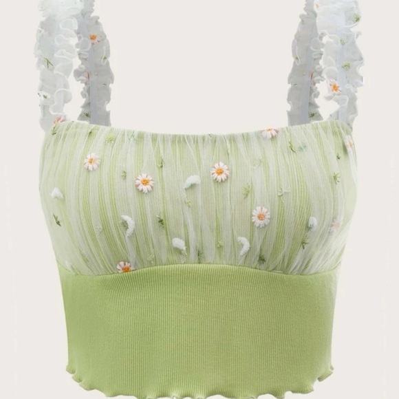 SHEIN Tops - SHEIN MOD Floral Embroidery Ruched Crop Top Size Medium Green Lace Overlay